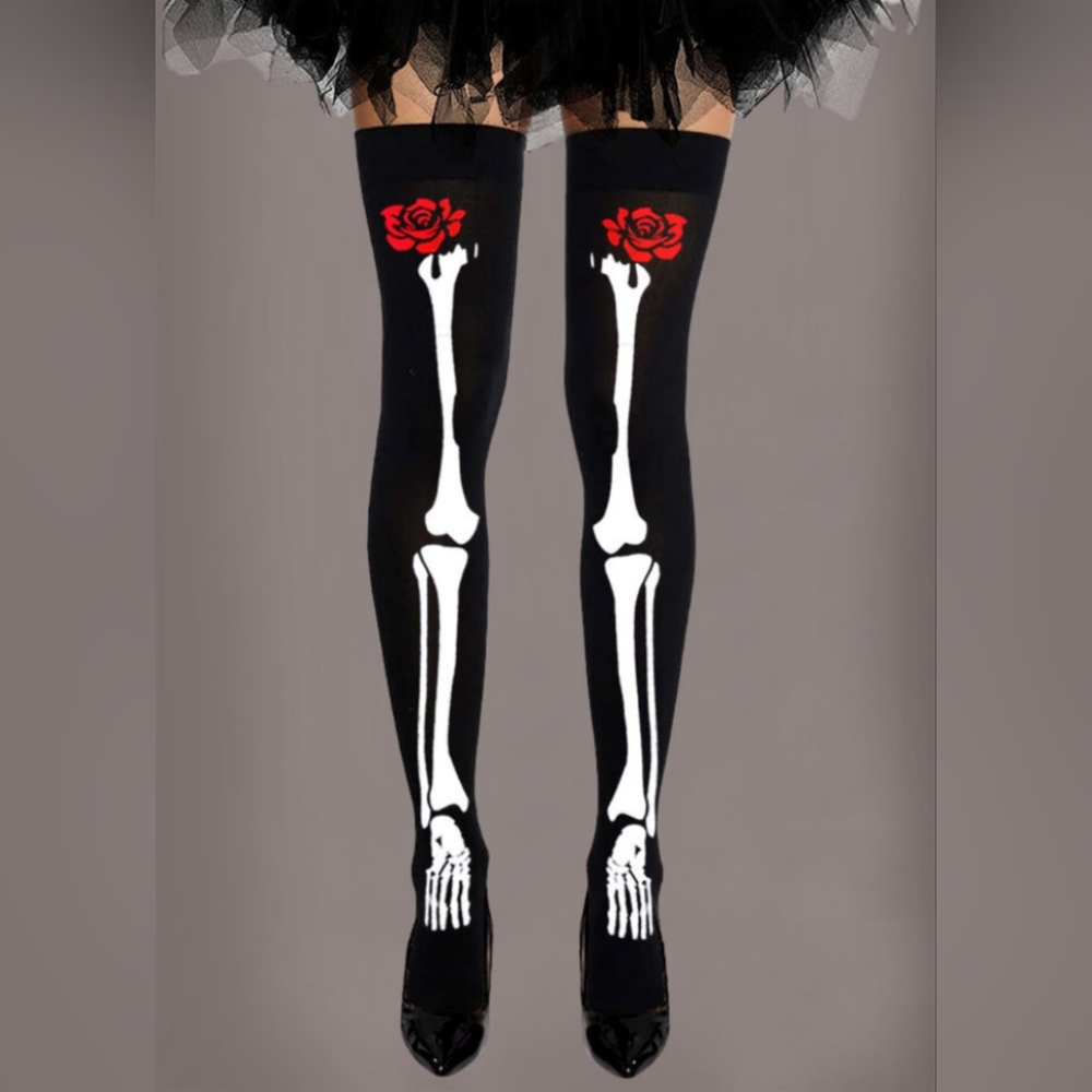 Skeleton Over Knee Socks Skull Thigh High Stockings With Rose